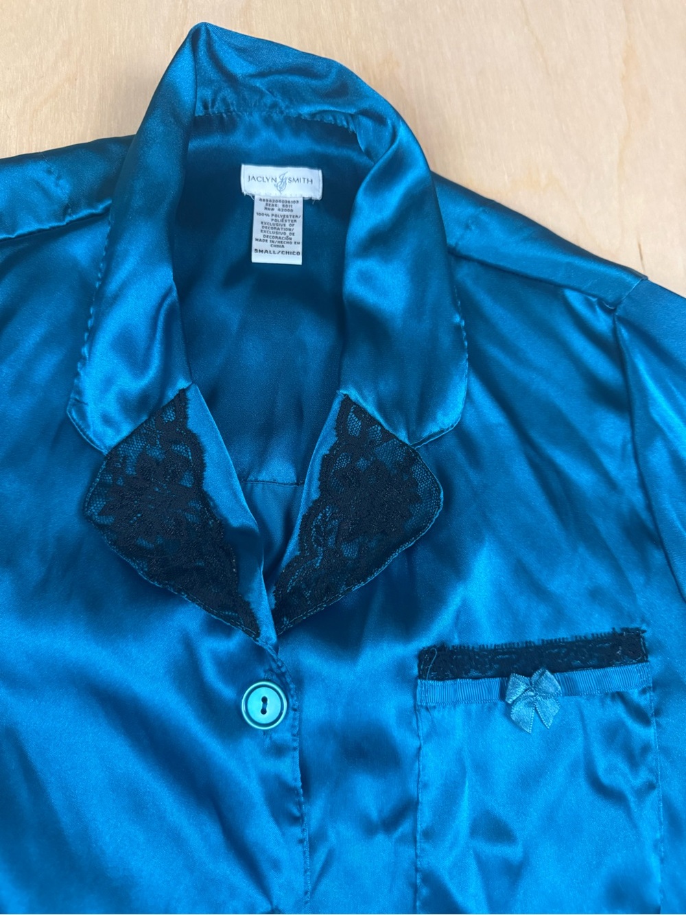 Jaclyn Smith Teal Satin Nightshirt with Black Lace Trim
